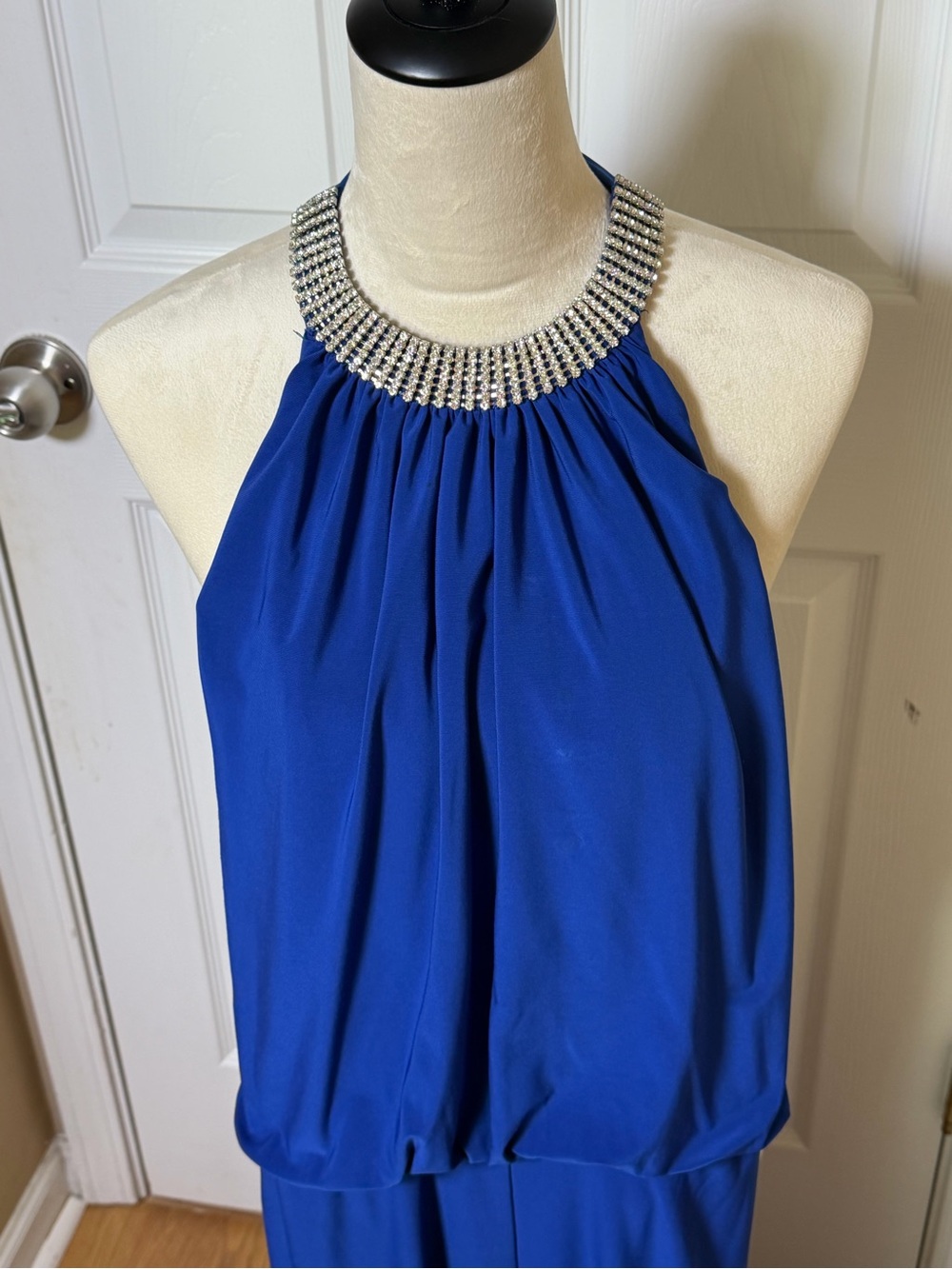 Cache Royal Blue Jeweled Halter Jumpsuit Formal Evening Wear L